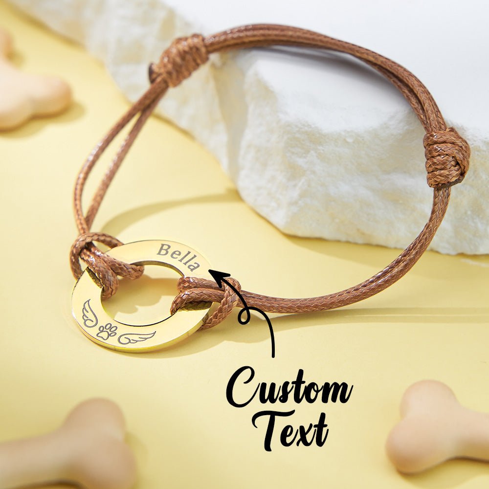 Personalized Engraved Angel Wings Pet Paw Print PU Leather Rope Bracelet Memorial Gift for Pet Lovers - Coolpeacock