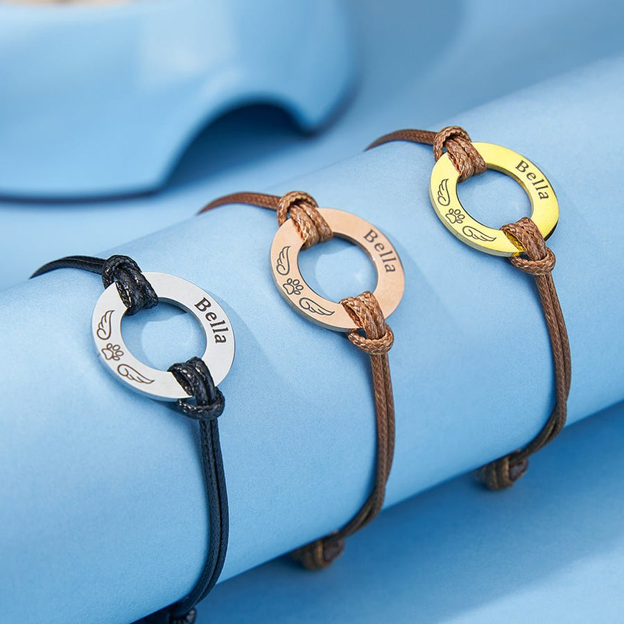 Personalized Engraved Angel Wings Pet Paw Print PU Leather Rope Bracelet Memorial Gift for Pet Lovers - Coolpeacock