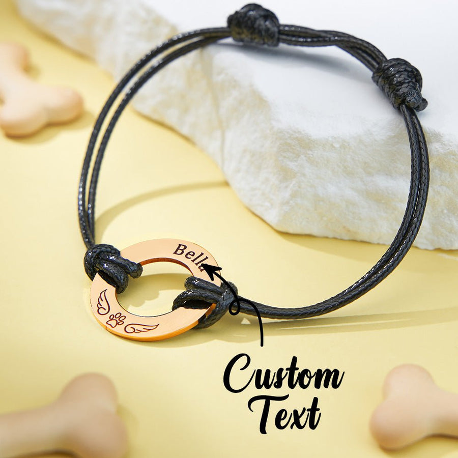 Personalized Engraved Angel Wings Pet Paw Print PU Leather Rope Bracelet Memorial Gift for Pet Lovers - Coolpeacock