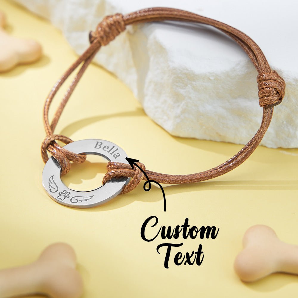 Personalized Engraved Angel Wings Pet Paw Print PU Leather Rope Bracelet Memorial Gift for Pet Lovers - Coolpeacock