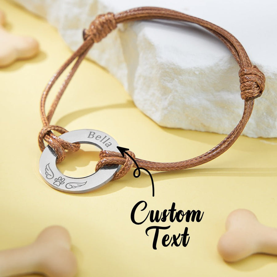 Personalized Engraved Angel Wings Pet Paw Print PU Leather Rope Bracelet Memorial Gift for Pet Lovers - Coolpeacock