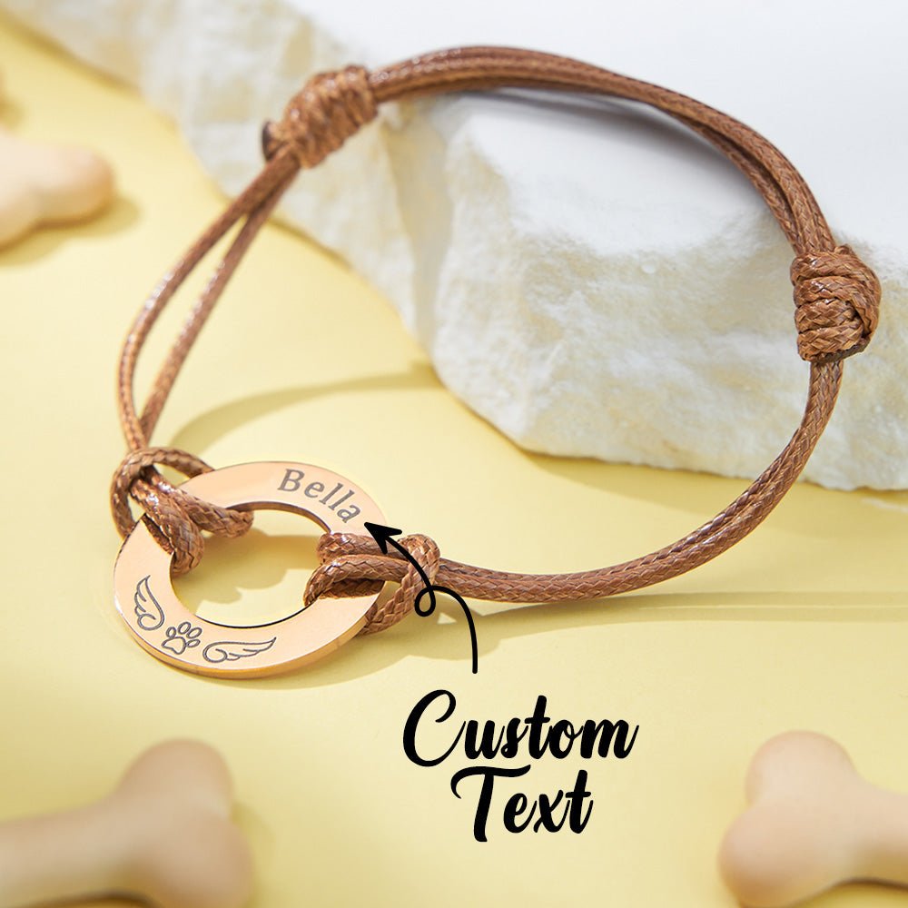 Personalized Engraved Angel Wings Pet Paw Print PU Leather Rope Bracelet Memorial Gift for Pet Lovers - Coolpeacock