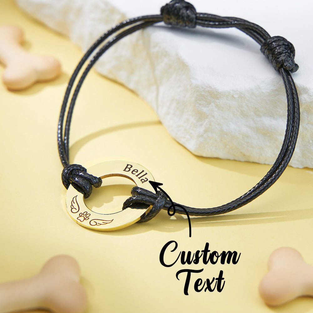 Personalized Engraved Angel Wings Pet Paw Print PU Leather Rope Bracelet Memorial Gift for Pet Lovers - Coolpeacock