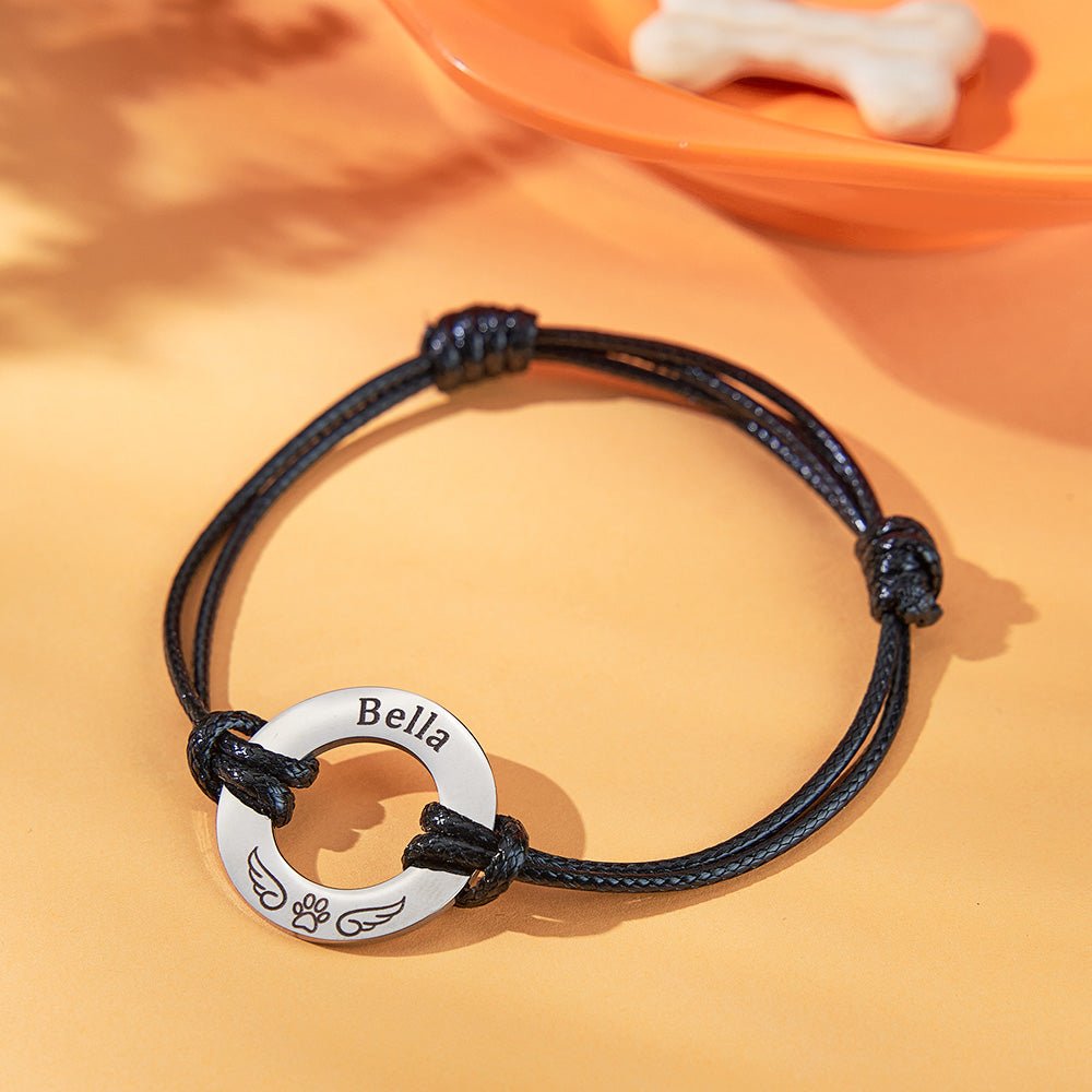 Personalized Engraved Angel Wings Pet Paw Print PU Leather Rope Bracelet Memorial Gift for Pet Lovers - Coolpeacock