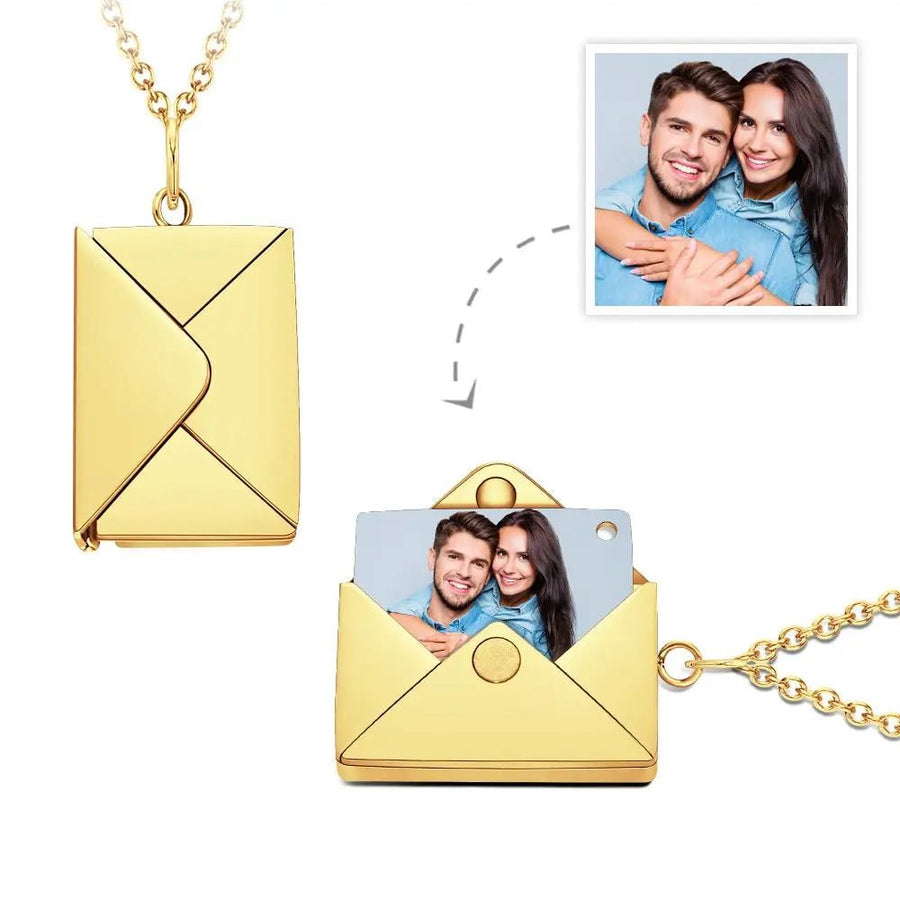 Personalized Envelope Locket Necklace Custom Engraved Photo Necklace - Coolpeacock