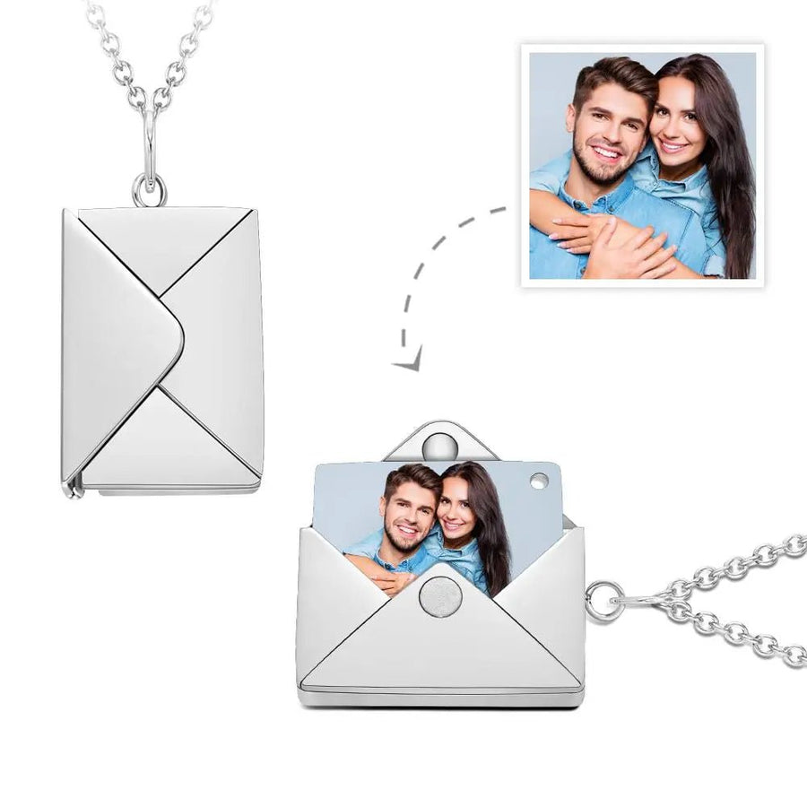 Personalized Envelope Locket Necklace Custom Engraved Photo Necklace - Coolpeacock