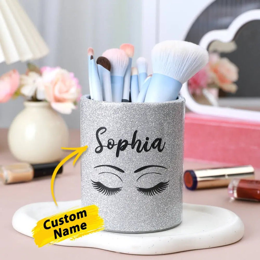 Personalized Glitter Color Make Up Brush Holder with Name Birthday Anniversary Gift for Women - Coolpeacock