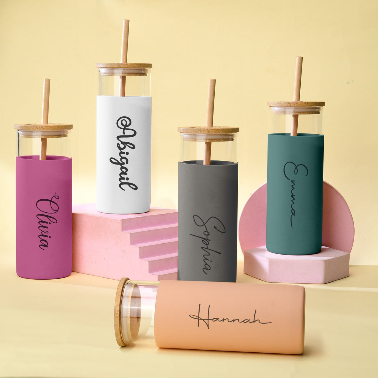 Personalized Name 17oz Glass Tumbler Coffee Tumbler with Engraved Wood Lid Silicone Case and Straw Birthday Gift - Coolpeacock