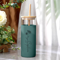 Personalized Name 17oz Glass Tumbler Coffee Tumbler with Engraved Wood Lid Silicone Case and Straw Birthday Gift - Coolpeacock