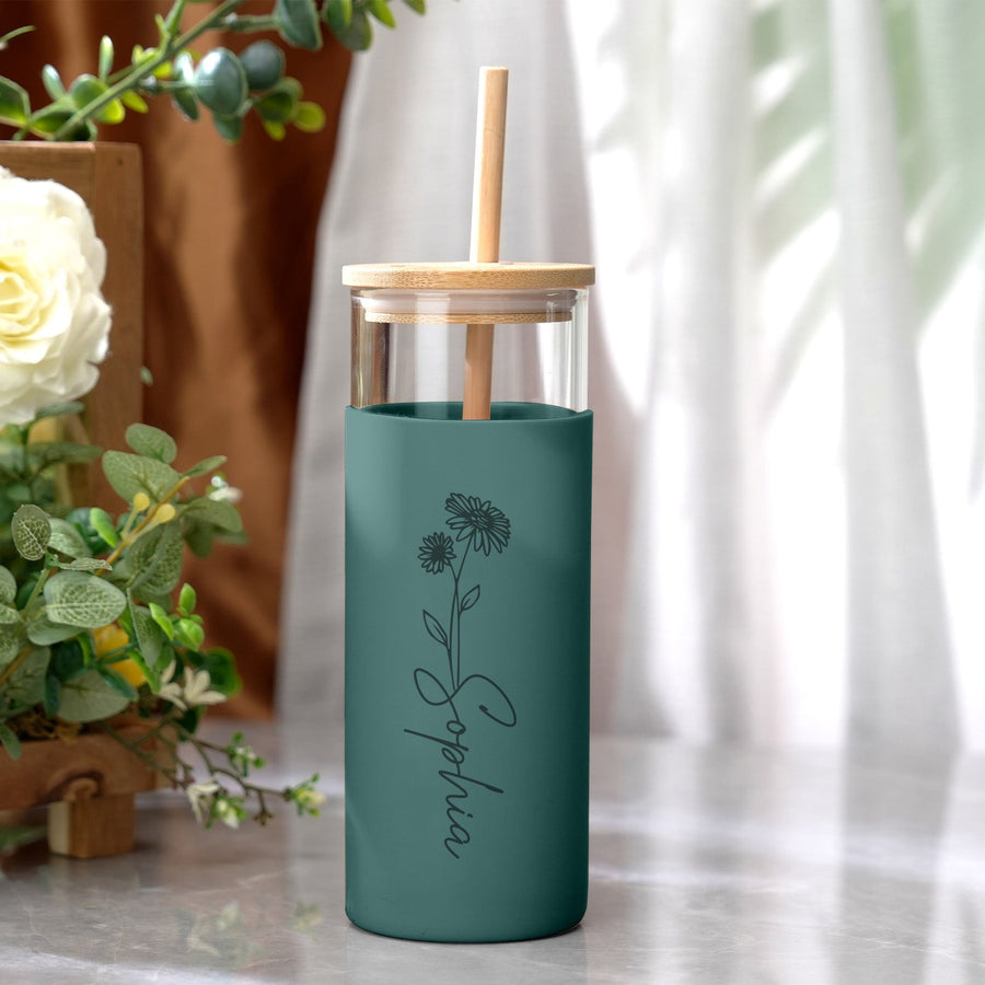 Personalized Name 17oz Glass Tumbler Coffee Tumbler with Engraved Wood Lid Silicone Case and Straw Birthday Gift - Coolpeacock