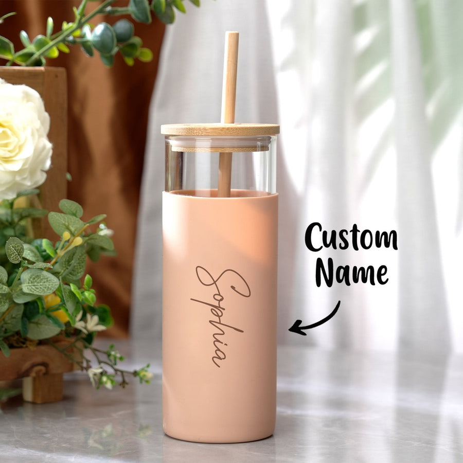 Personalized Name 17oz Glass Tumbler Coffee Tumbler with Engraved Wood Lid Silicone Case and Straw Birthday Gift - Coolpeacock