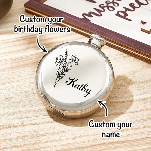 Personalized Name Flask with Birth Flower Custom Flask Gift for Bridesmaid Bachelorette Friends - Coolpeacock