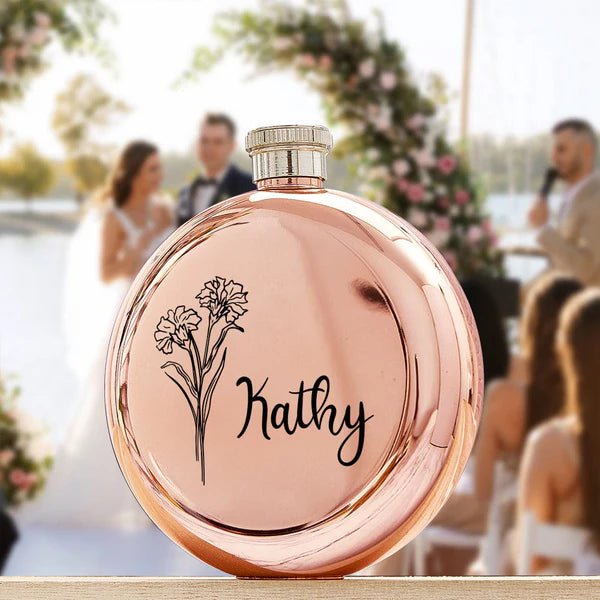 Personalized Name Flask with Birth Flower Custom Flask Gift for Bridesmaid Bachelorette Friends - Coolpeacock