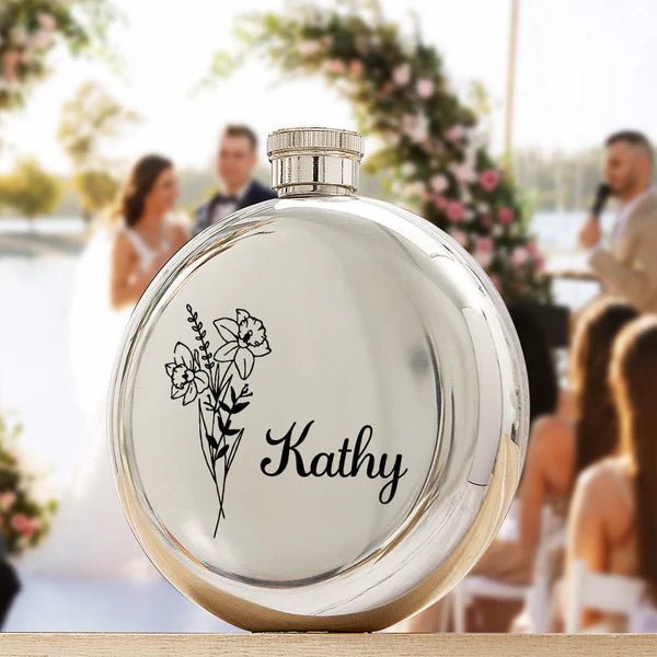 Personalized Name Flask with Birth Flower Custom Flask Gift for Bridesmaid Bachelorette Friends - Coolpeacock