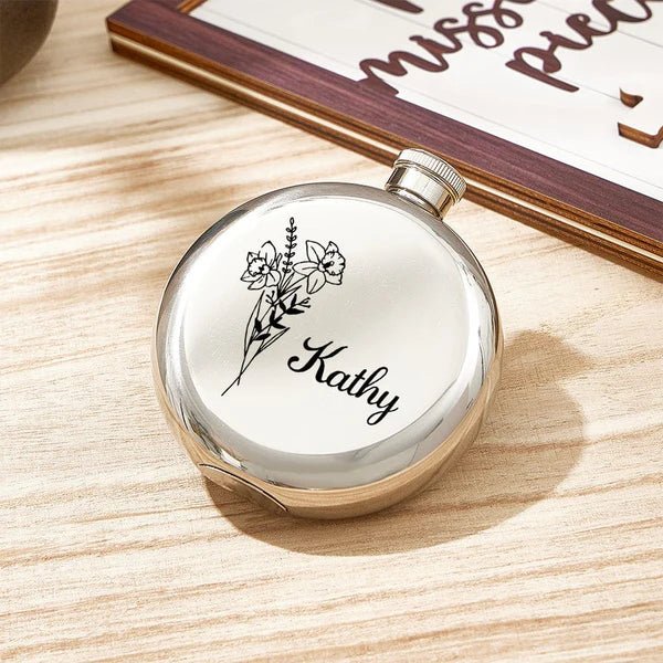 Personalized Name Flask with Birth Flower Custom Flask Gift for Bridesmaid Bachelorette Friends - Coolpeacock