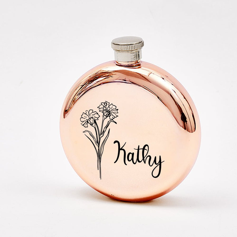 Personalized Name Flask with Birth Flower Custom Flask Gift for Bridesmaid Bachelorette Friends - Coolpeacock