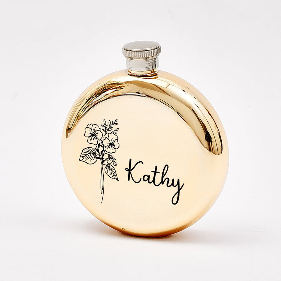 Personalized Name Flask with Birth Flower Custom Flask Gift for Bridesmaid Bachelorette Friends - Coolpeacock
