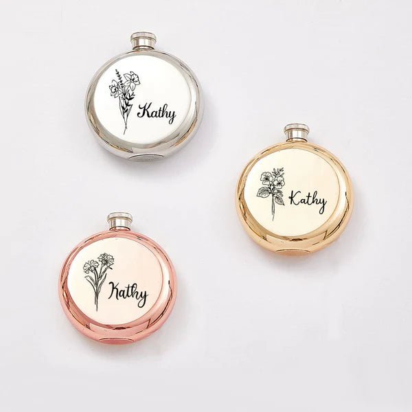 Personalized Name Flask with Birth Flower Custom Flask Gift for Bridesmaid Bachelorette Friends - Coolpeacock