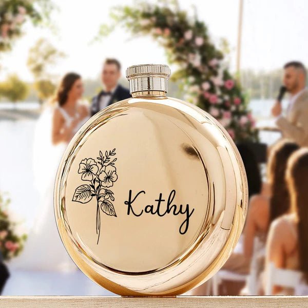 Personalized Name Flask with Birth Flower Custom Flask Gift for Bridesmaid Bachelorette Friends - Coolpeacock