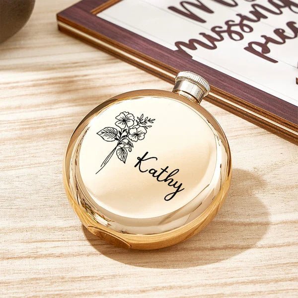 Personalized Name Flask with Birth Flower Custom Flask Gift for Bridesmaid Bachelorette Friends - Coolpeacock