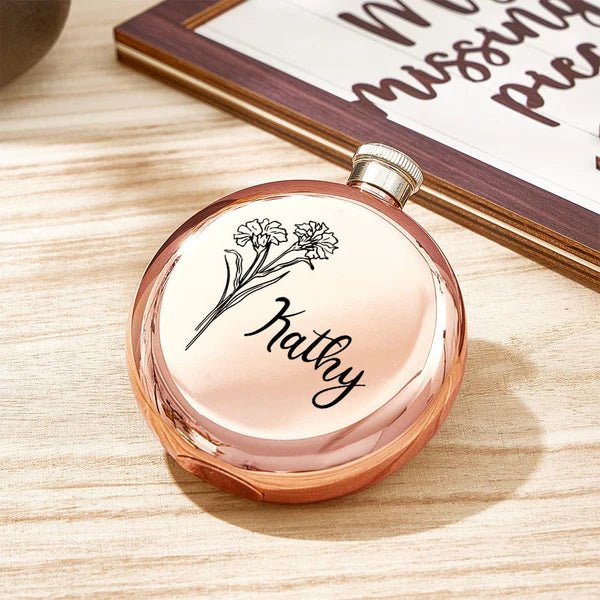 Personalized Name Flask with Birth Flower Custom Flask Gift for Bridesmaid Bachelorette Friends - Coolpeacock