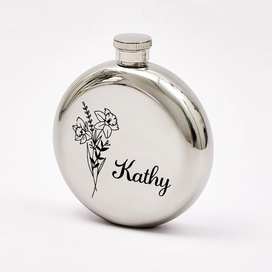 Personalized Name Flask with Birth Flower Custom Flask Gift for Bridesmaid Bachelorette Friends - Coolpeacock