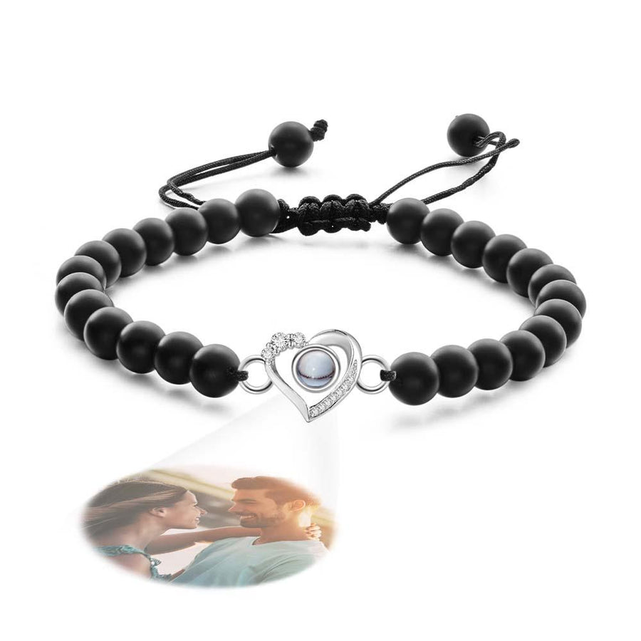 Personalized Photo Projection Beads Bracelet Heart - Shaped With Rhinestones Special Gift For Her - Coolpeacock