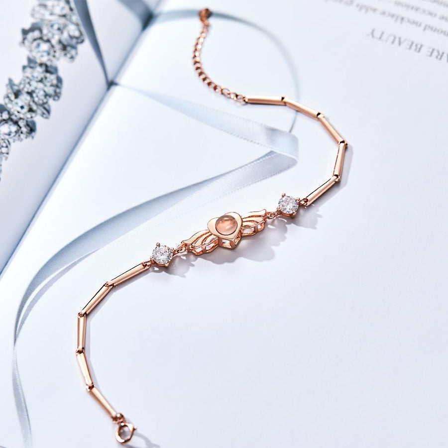 Personalized Photo Projection Bracelet Elegant Wings with Stone Jewelry for Her - Coolpeacock