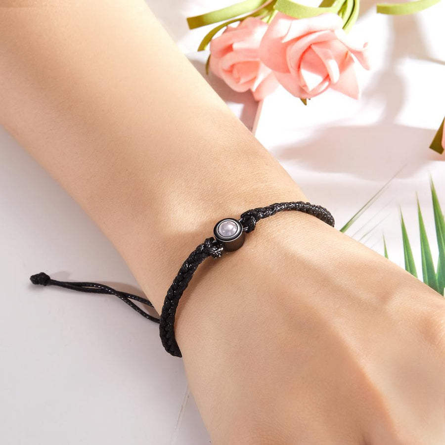 Personalized Photo Projection Couple Bracelet Braided Black Rope Bracelet Gift for Parents and Grandparents - Coolpeacock