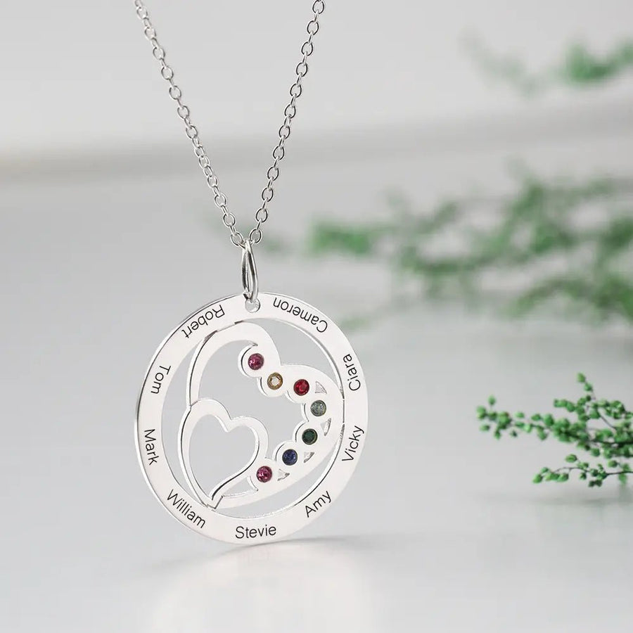 Round and Heart Engraved Necklace with Custom Birthstones - Coolpeacock