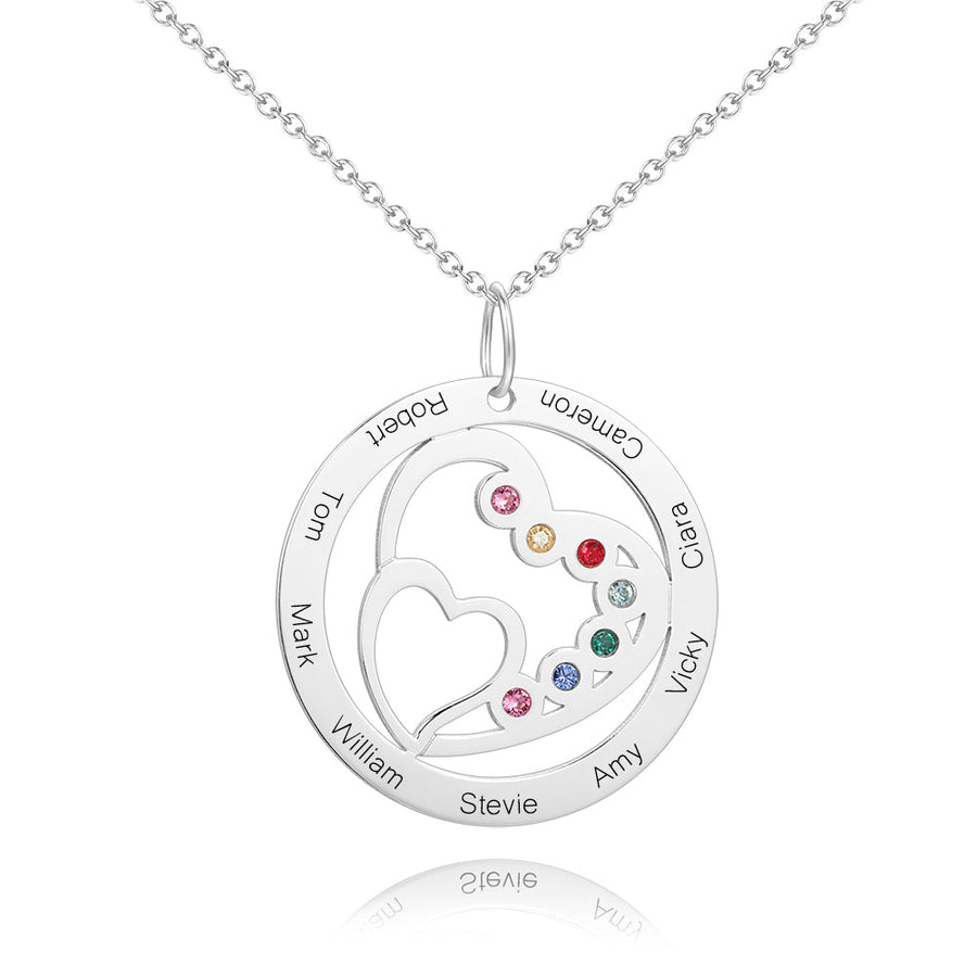 Round and Heart Engraved Necklace with Custom Birthstones - Coolpeacock