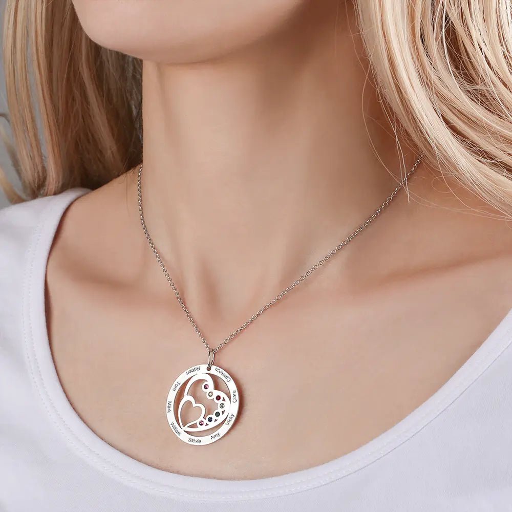 Round and Heart Engraved Necklace with Custom Birthstones - Coolpeacock