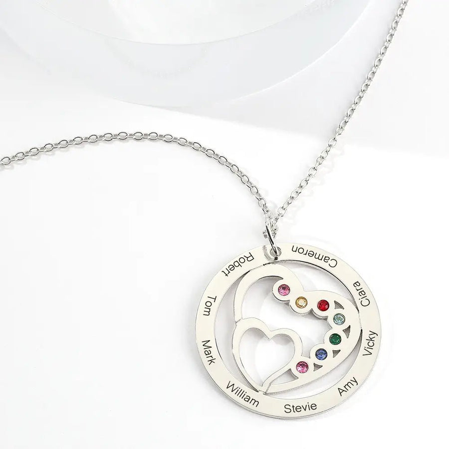 Round and Heart Engraved Necklace with Custom Birthstones - Coolpeacock