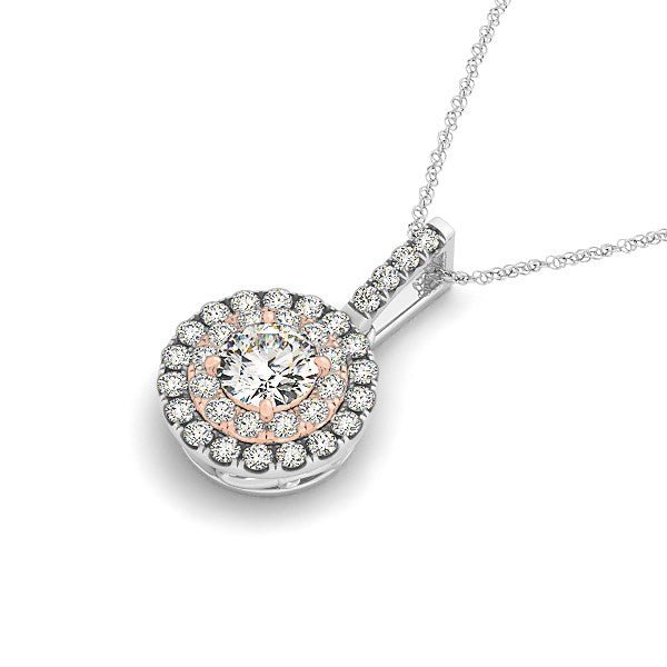 Round Shape Halo Diamond Pendant in 14k White and Rose Gold (1/2 cttw) - Coolpeacock