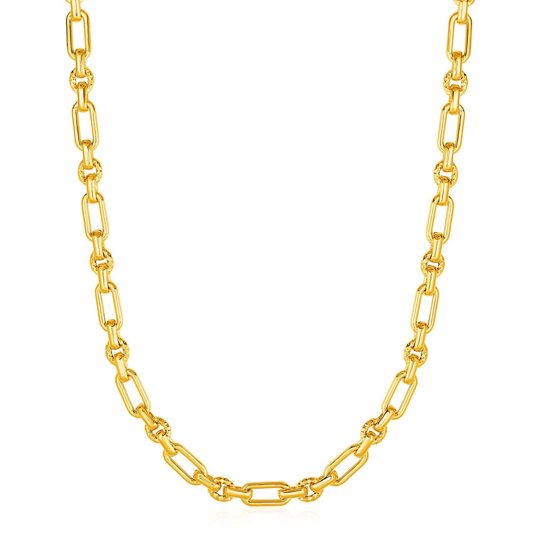 Rounded Rectangular Link Necklace with Textured Round Links in 14k Yellow Gold - Coolpeacock