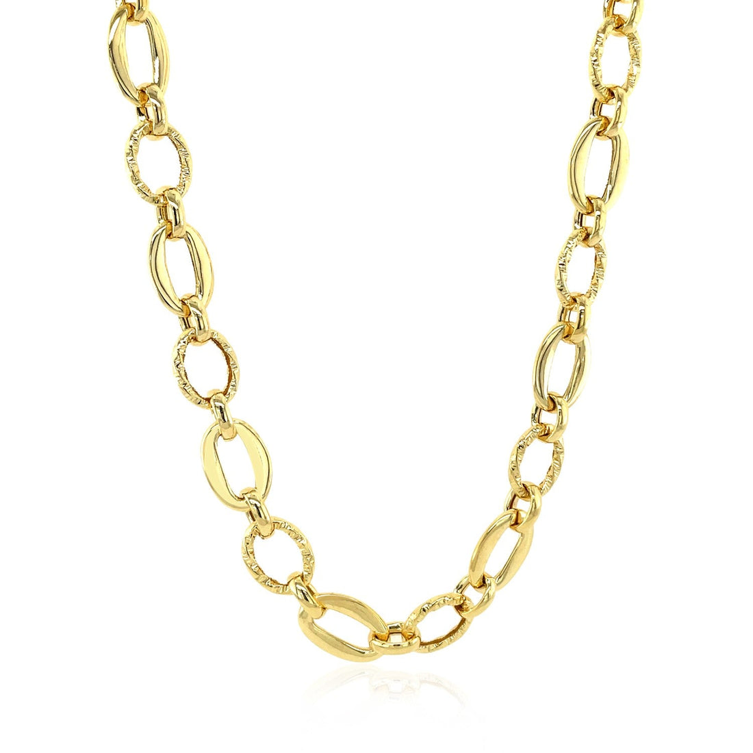 Shiny and Textured Oval Link Necklace in 14k Yellow Gold - Coolpeacock