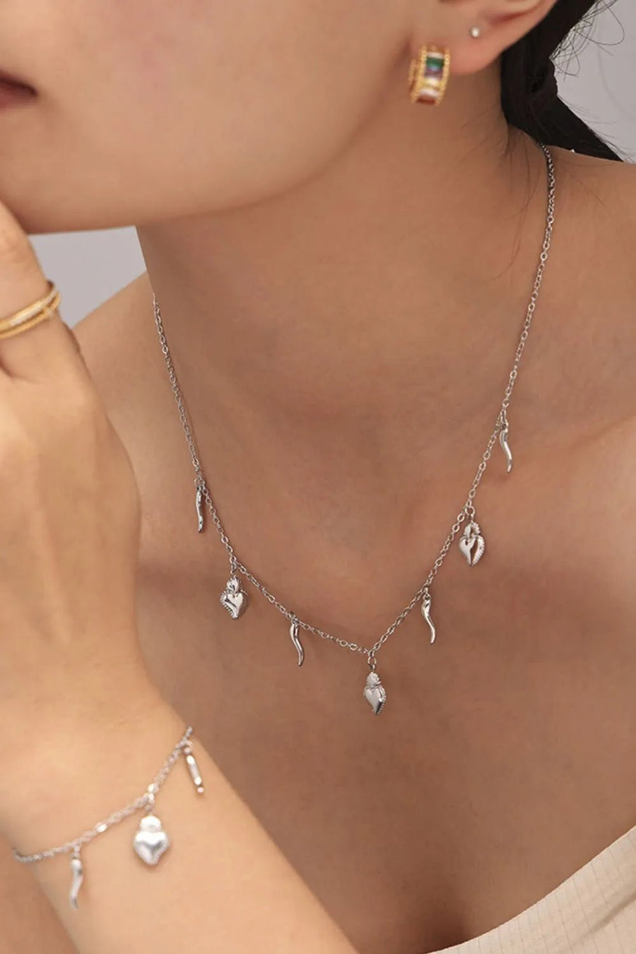 Stainless Steel Heart Charm Bracelet and Necklace Set - Coolpeacock