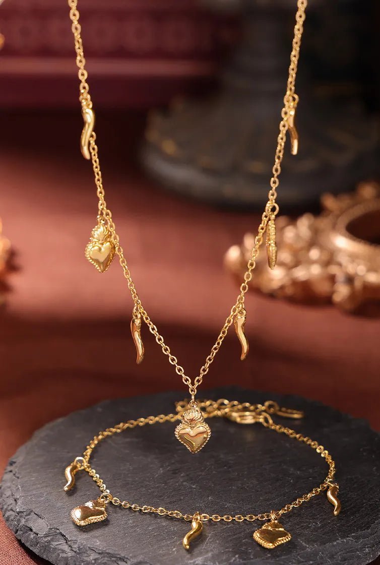 Stainless Steel Heart Charm Bracelet and Necklace Set - Coolpeacock