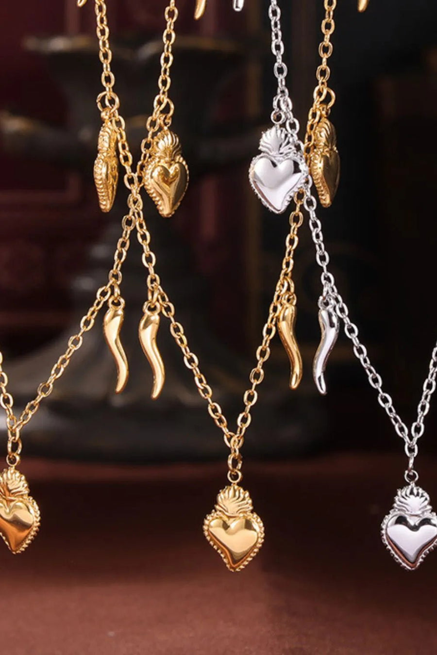 Stainless Steel Heart Charm Bracelet and Necklace Set - Coolpeacock