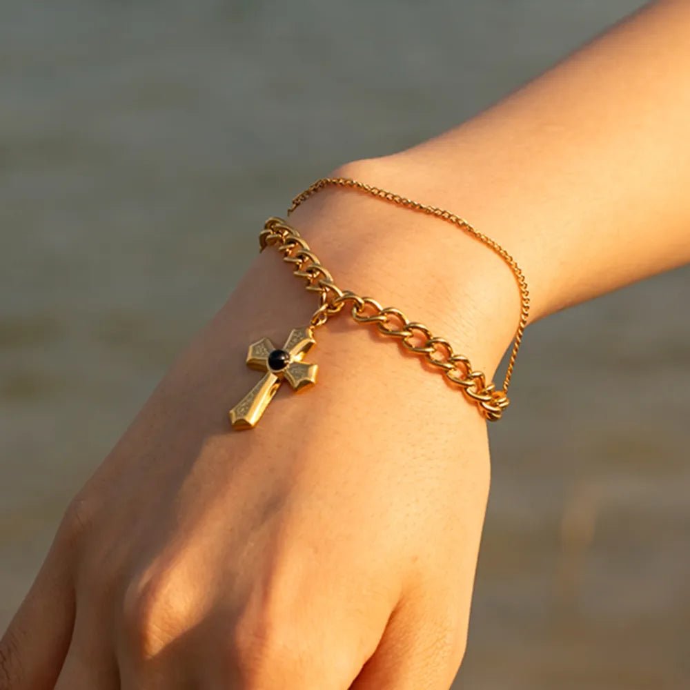 Stainless Steel Imitation Gemstone Cross Shape Pendant Bracelet - Coolpeacock
