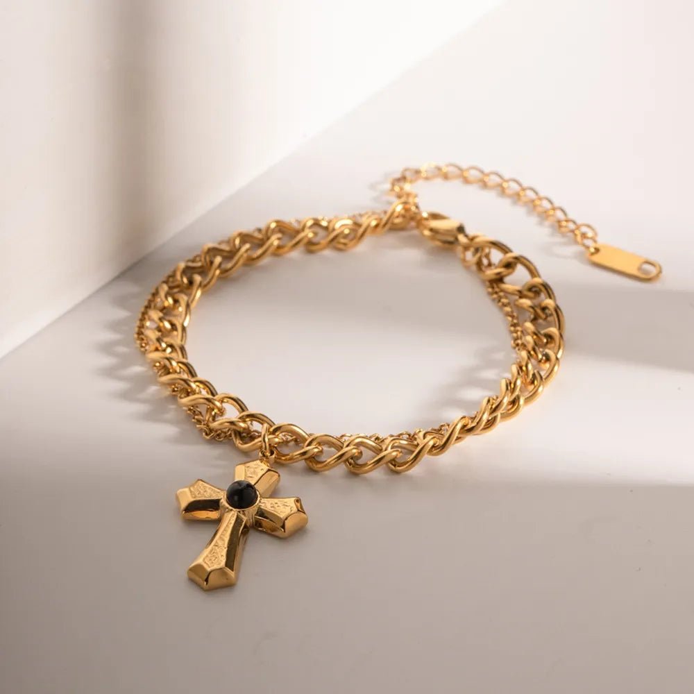 Stainless Steel Imitation Gemstone Cross Shape Pendant Bracelet - Coolpeacock