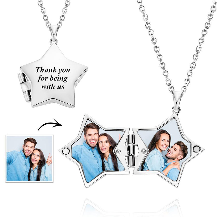 Star Locket Photo Necklace Personalized Engraved Memorial Picture Pendant Gift For Her - Coolpeacock