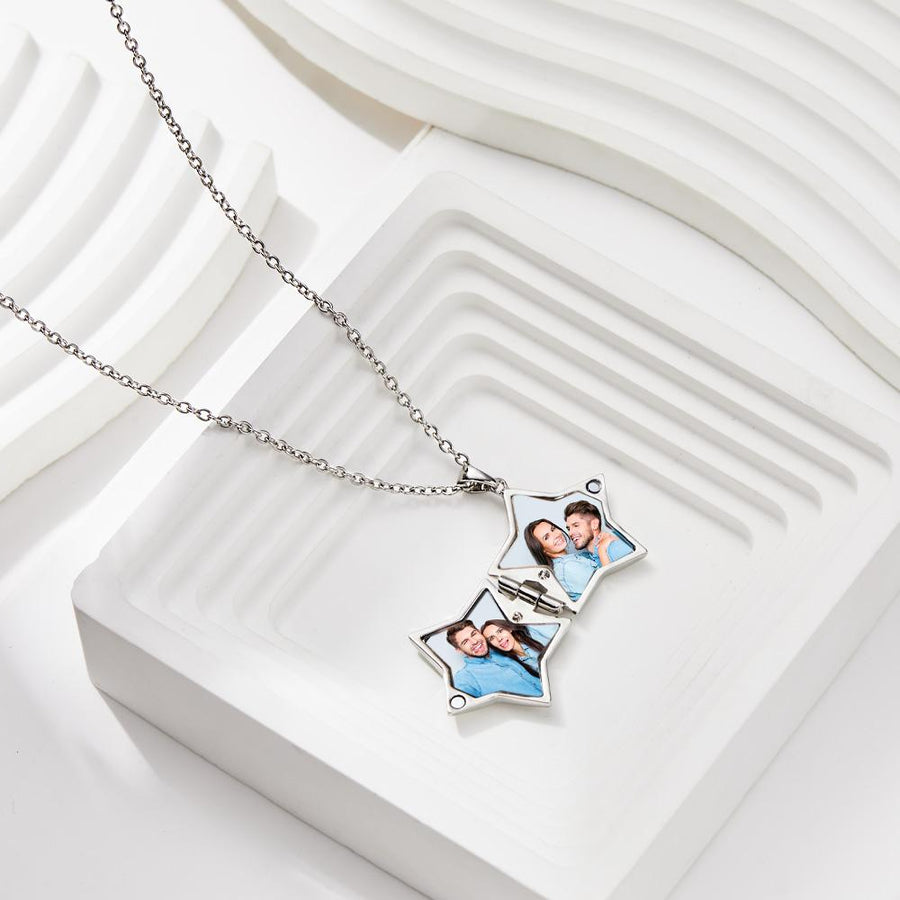 Star Locket Photo Necklace Personalized Engraved Memorial Picture Pendant Gift For Her - Coolpeacock