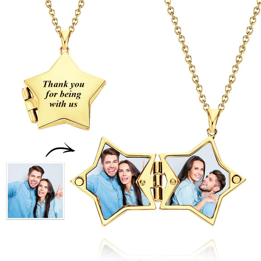 Star Locket Photo Necklace Personalized Engraved Memorial Picture Pendant Gift For Her - Coolpeacock