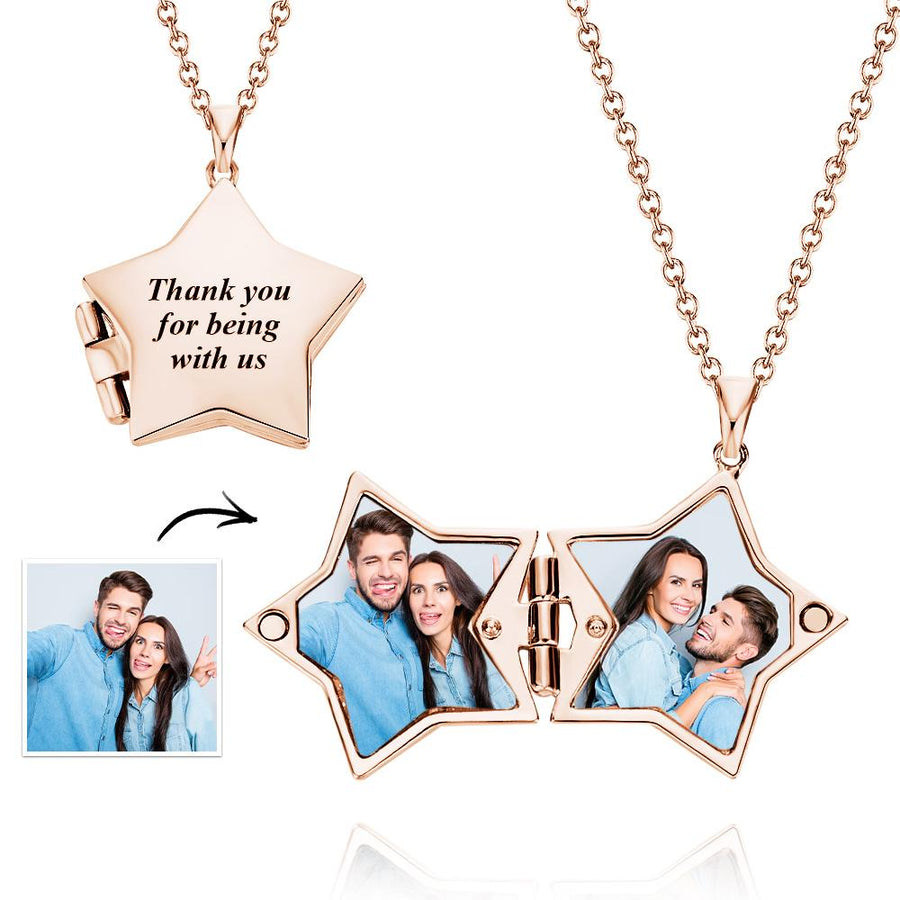 Star Locket Photo Necklace Personalized Engraved Memorial Picture Pendant Gift For Her - Coolpeacock