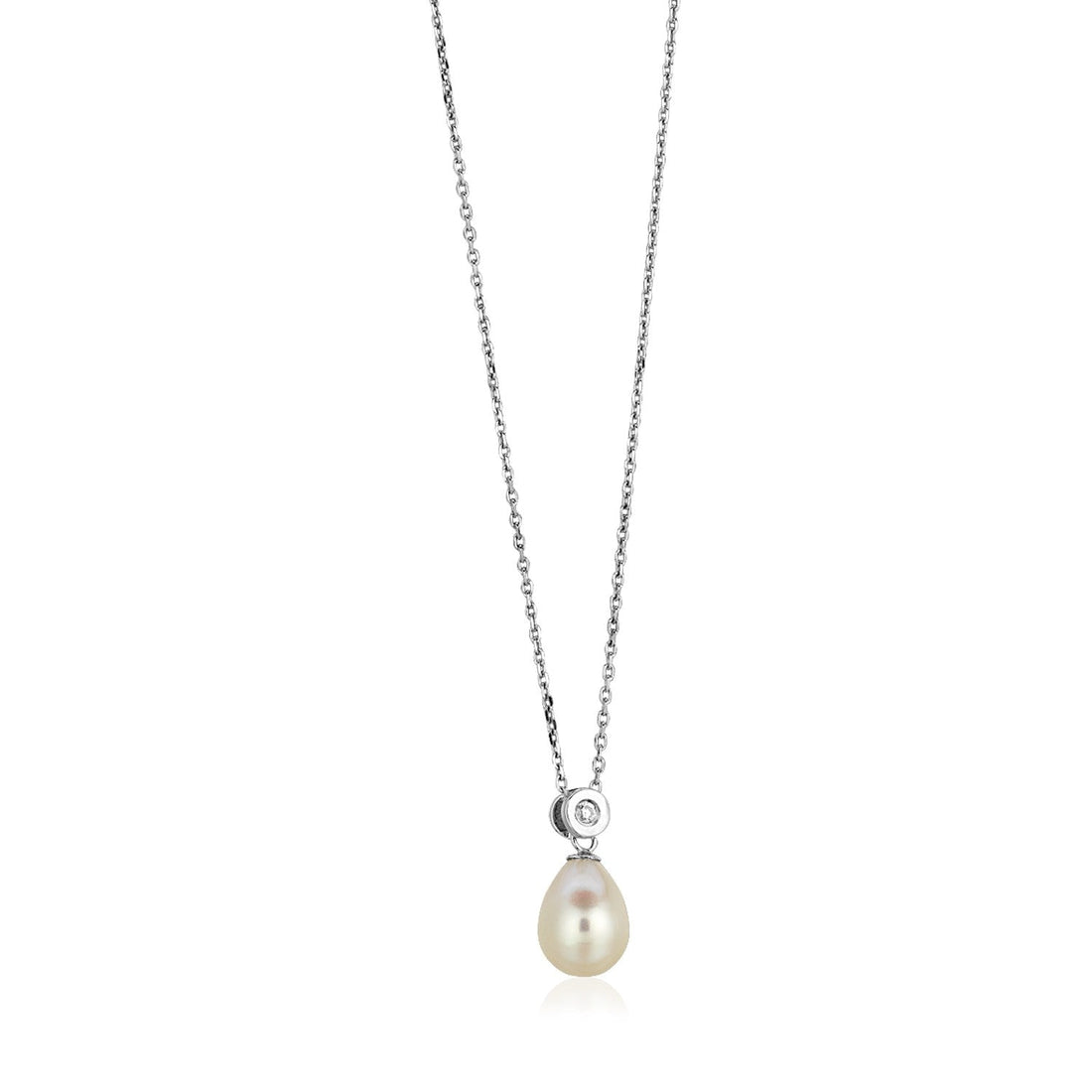 Sterling Silver Necklace with Pear Shaped Pearl and Cubic Zirconias - Coolpeacock