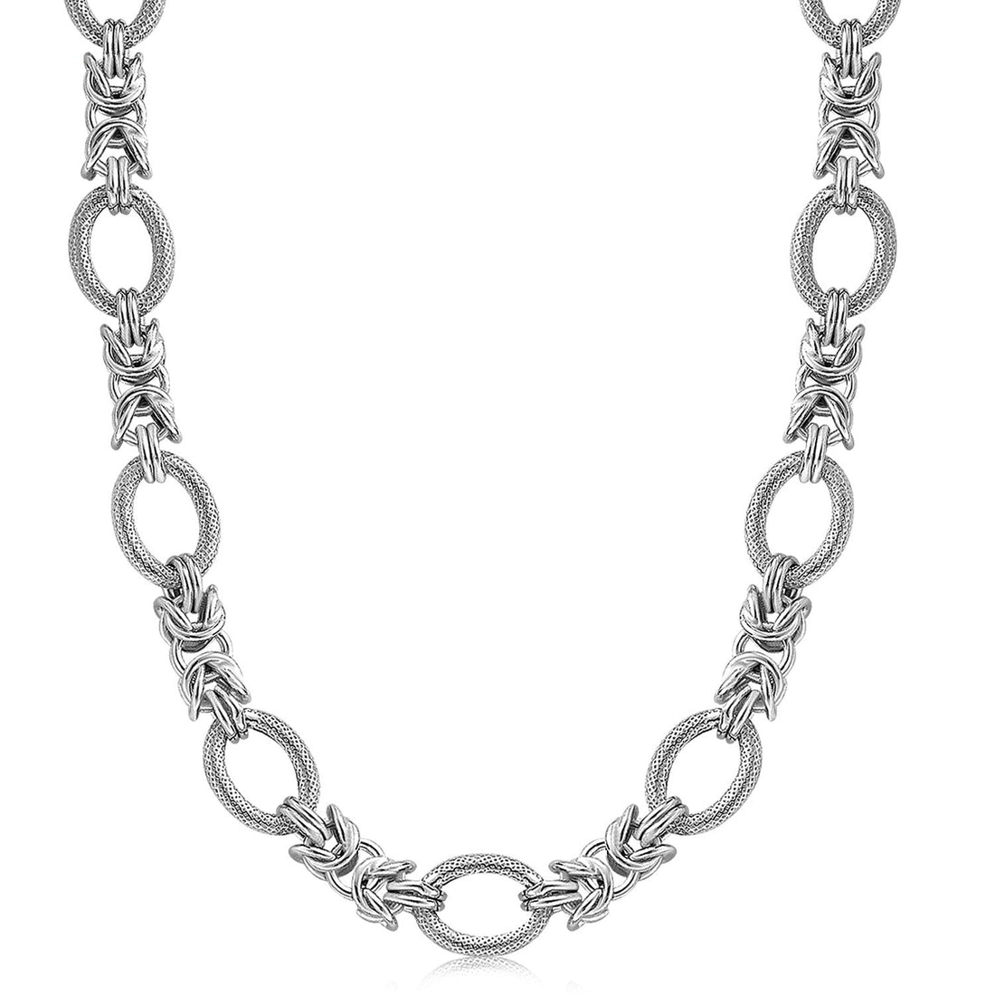 Sterling Silver Rhodium Plated Knot Style and Textured Oval Chain Necklace - Coolpeacock