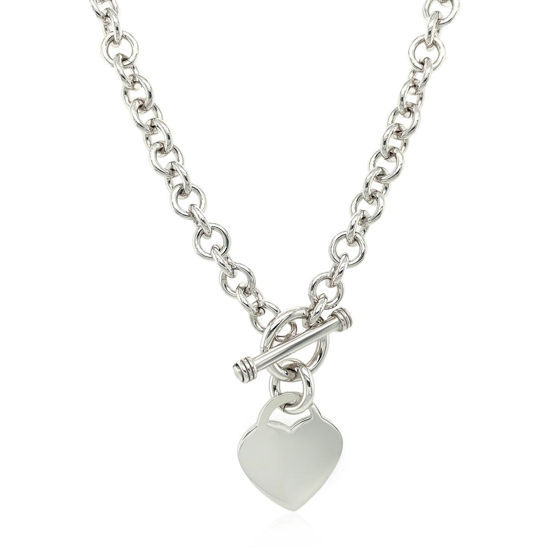 Sterling Silver Rhodium Plated Rolo Chain Necklace with a Heart Toggle Charm - Coolpeacock