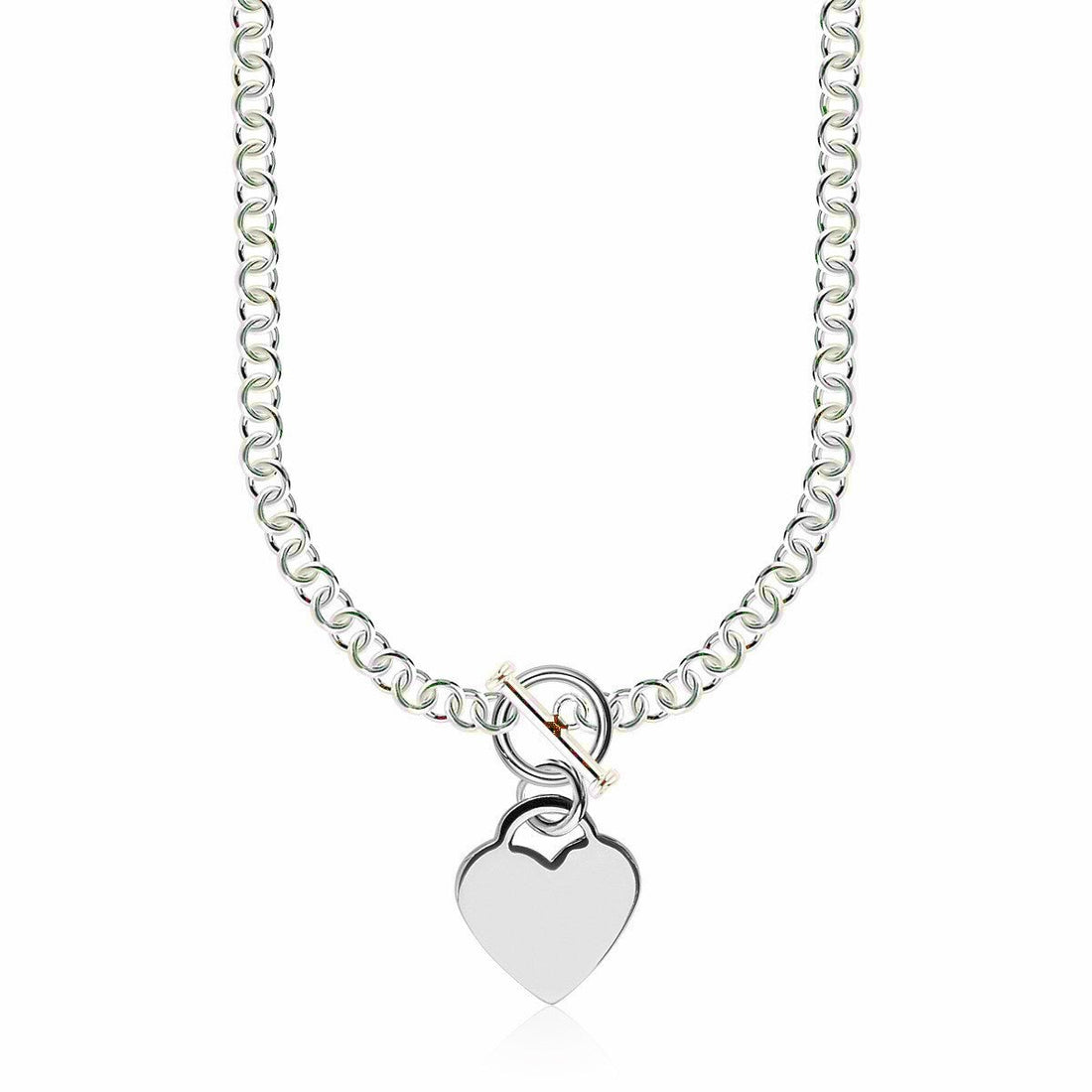 Sterling Silver Rhodium Plated Rolo Chain Necklace with a Heart Toggle Charm - Coolpeacock