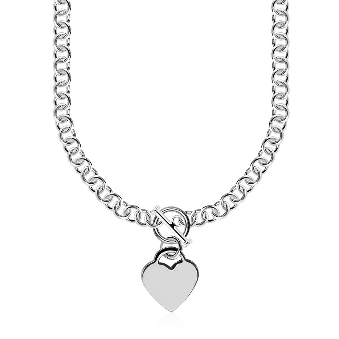 Sterling Silver Rolo Chain with a Heart Toggle Charm and Rhodium Plating - Coolpeacock